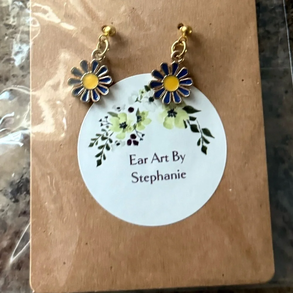 NEW Boutique Ear Art by Stephanie Floral Earrings, Yellow and Blue - Picture 2 of 3